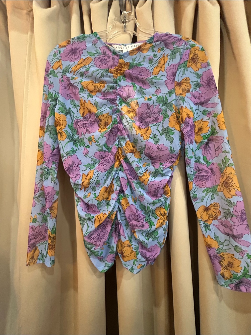 Veronica Beard Lavender Floral Ruched Long-Sleeve Top Size 6